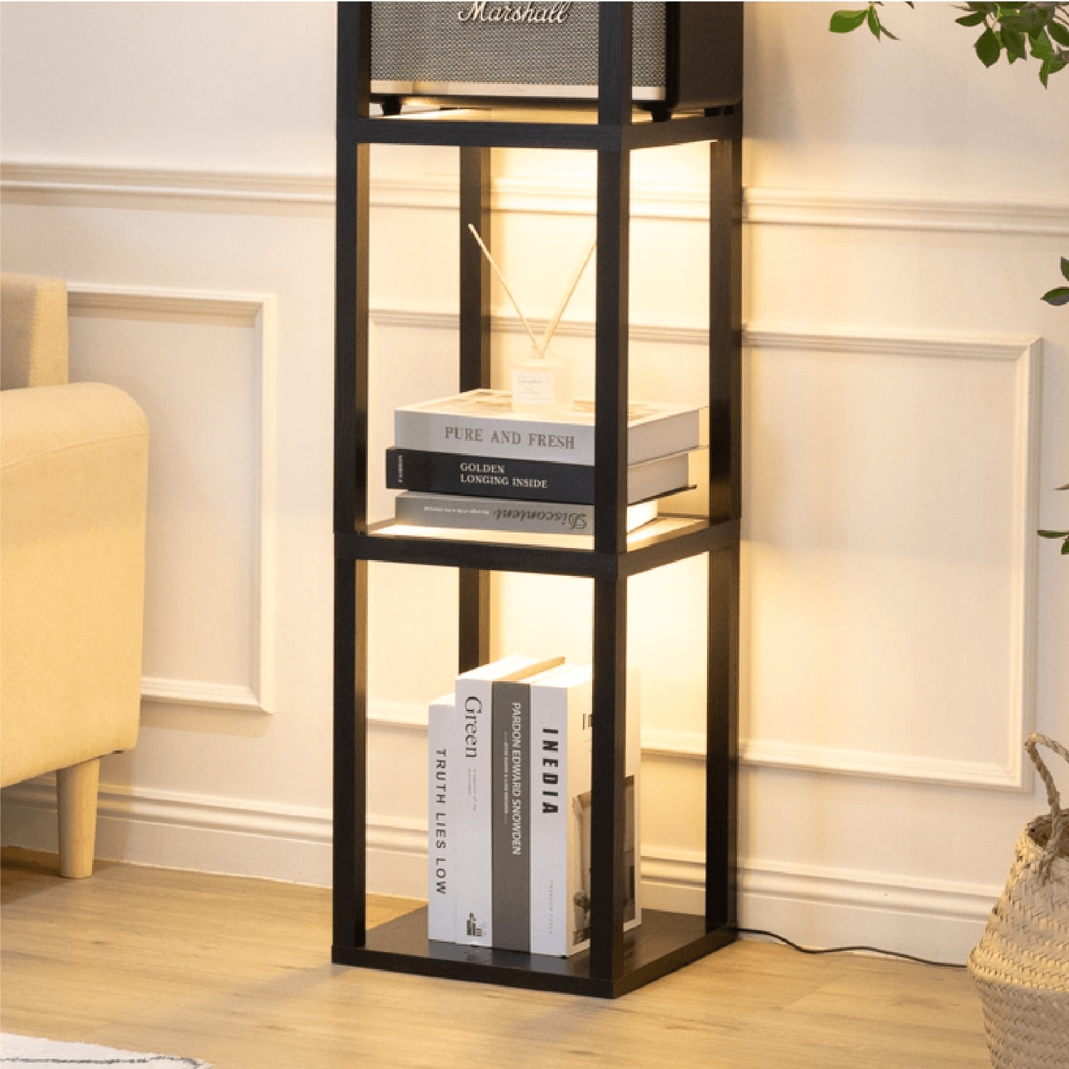 Illuminated narrow bookshelf